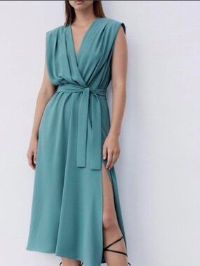 NWT Zara Sleeveless Teal Faux Wrap Midi Dress with Waist Tie Side Slit